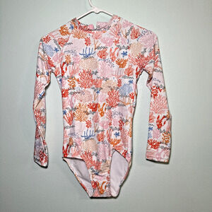 NWT Tame the Sun Long Sleeve Coral Print Swimsuit One Piece Girls Size 12 UPF 50